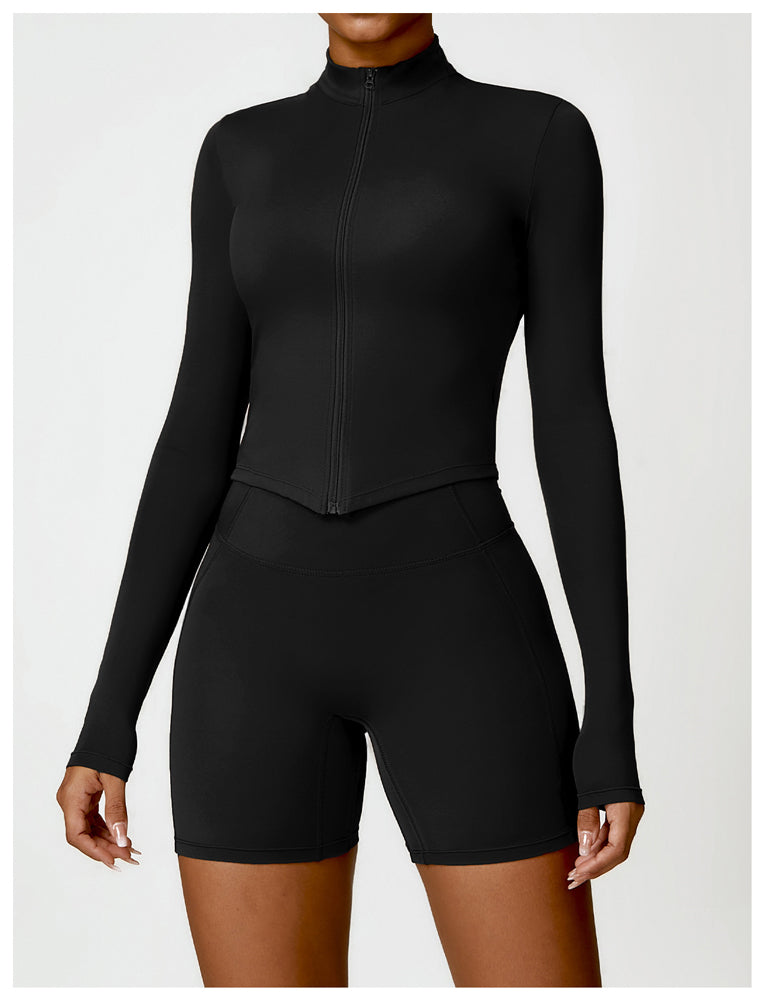 Control & Define Seamless Cropped Zip Through Jacket Black