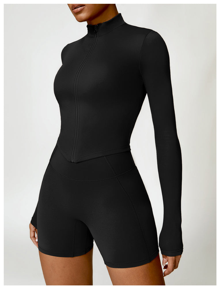 Control & Define Seamless Cropped Zip Through Jacket Black