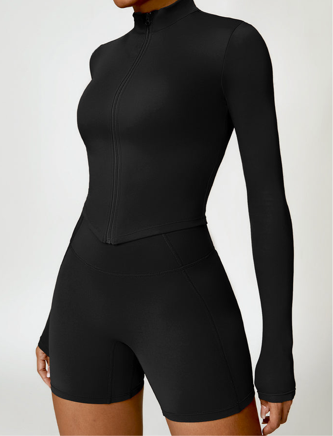 Control & Define Seamless Cropped Zip Through Jacket Black