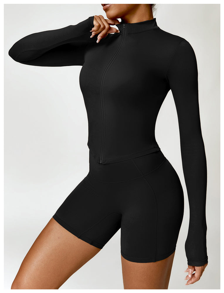 Control & Define Seamless Cropped Zip Through Jacket Black