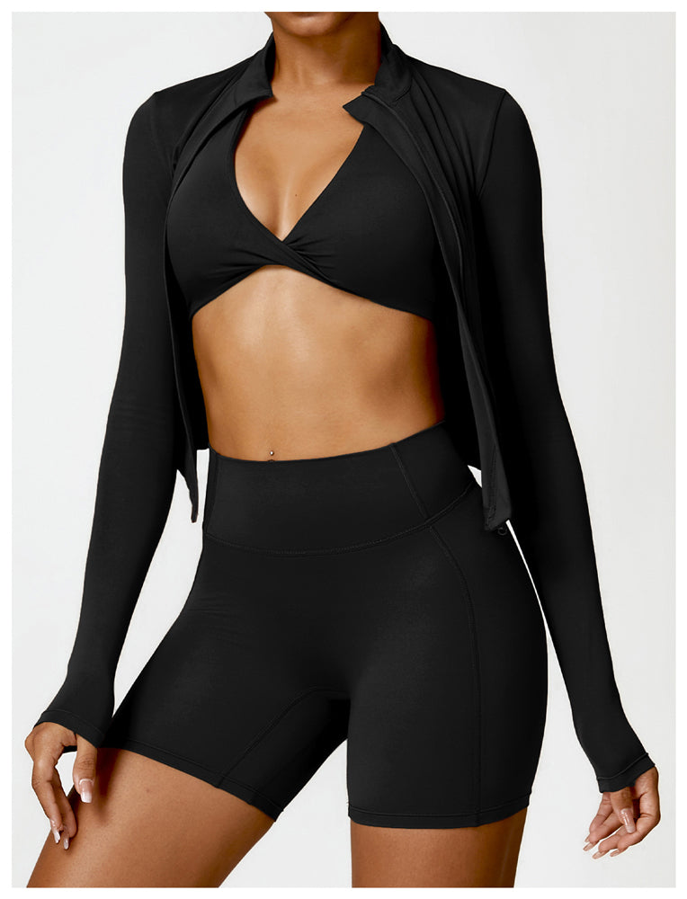 Control & Define Seamless Cropped Zip Through Jacket Black